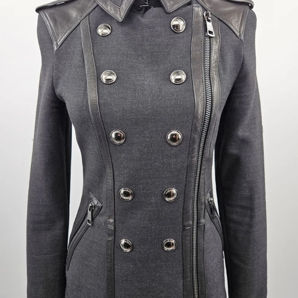 BURBERRY London Double Breasted Dark Gray/ Black Leather Trim Coat Jacket Sz 6